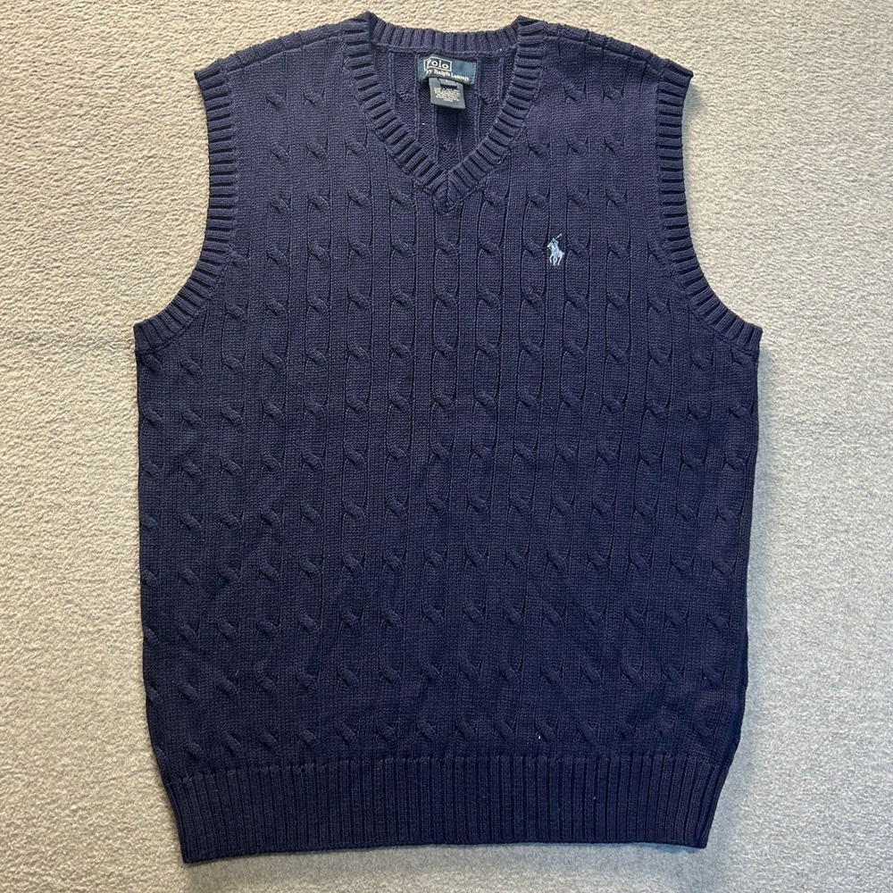 Polo Ralph Lauren Sweater Vest Cotton Mens L Navy Cable Knit V-Neck Kids Vintage